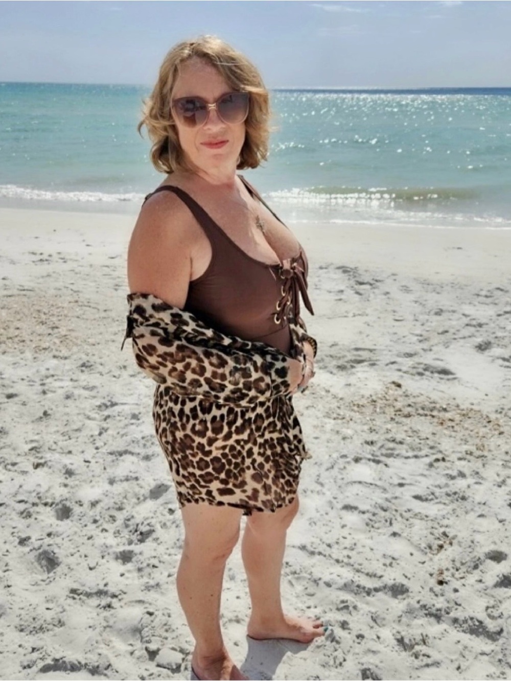 NWT Plus Size Lace-Up Brown One-Piece Swimsuit with Leopard Cover-Up